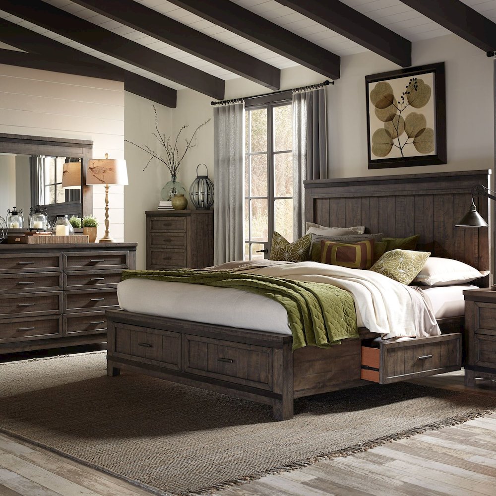 Queen Two Sided Storage Bed, Dresser & Mirror, Chest - Rock Beaten Brown