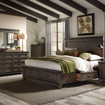Queen Two Sided Storage Bed, Dresser & Mirror, Chest - Rock Beaten Brown