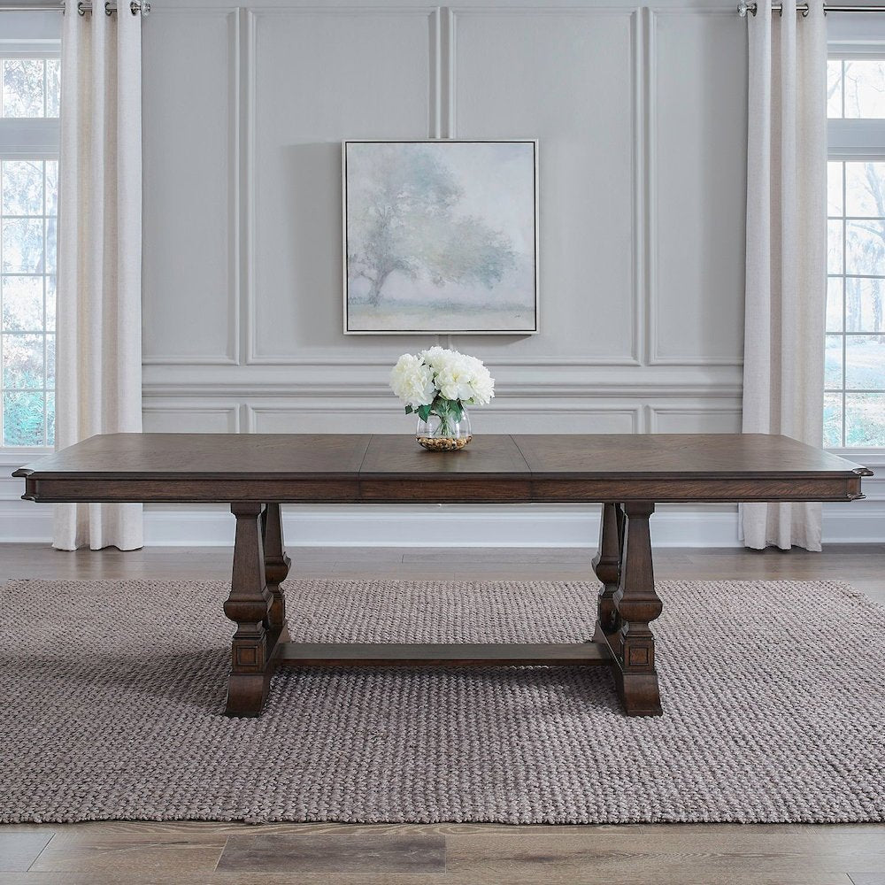 Providence Park 5 Piece Trestle Table Set with 4 Wood Back Chairs -Chateau Brown
