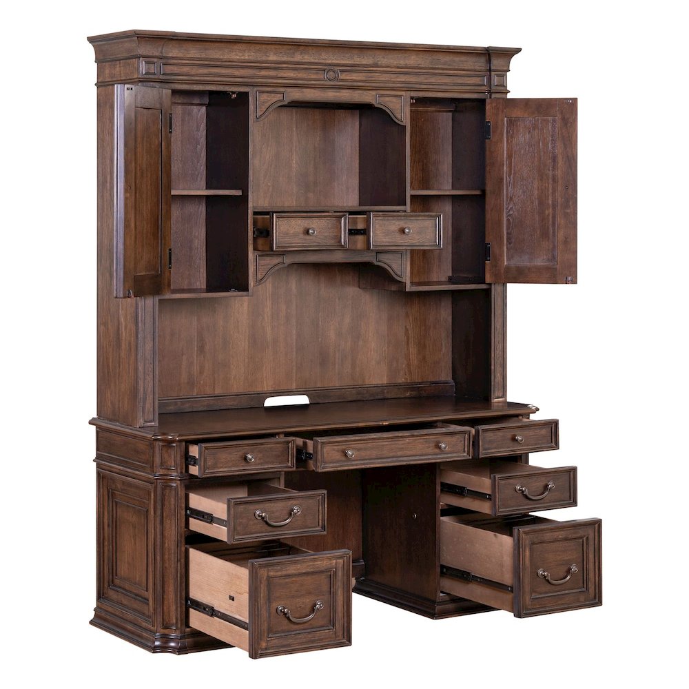 Credenza & Hutch Desk Set with LED Touch Light Locking File Drawers