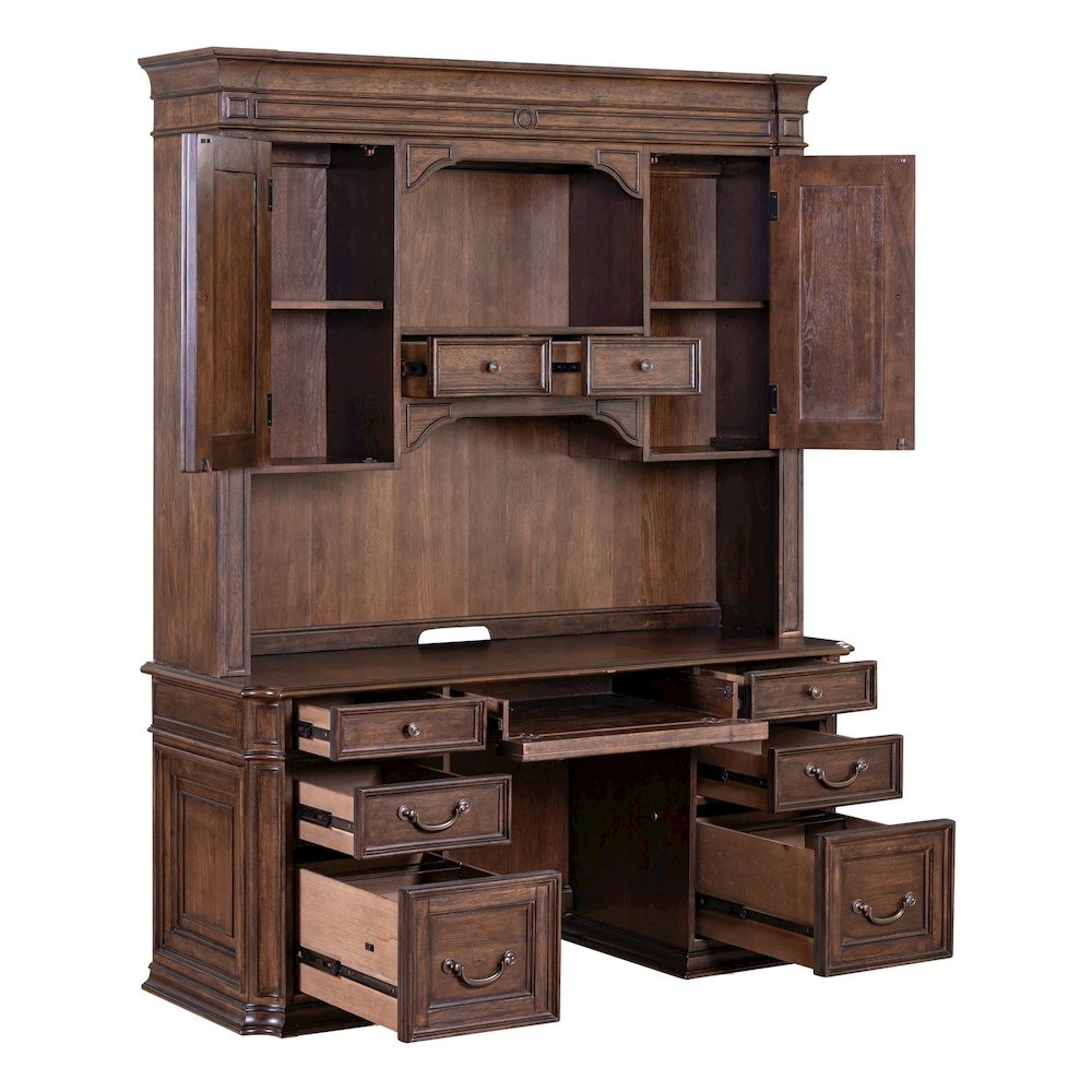 Credenza & Hutch Desk Set with LED Touch Light Locking File Drawers