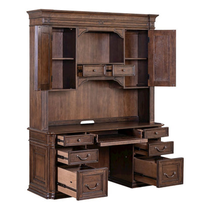 Credenza & Hutch Desk Set with LED Touch Light Locking File Drawers