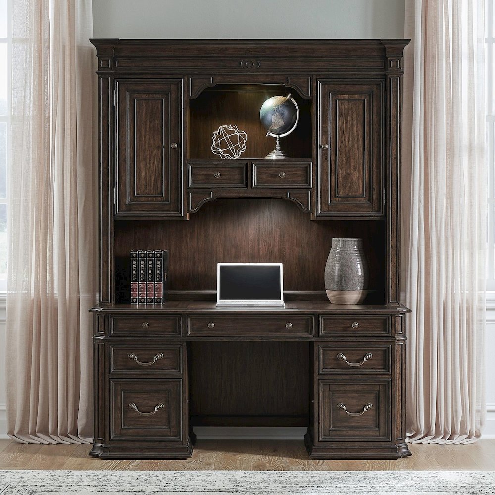 Credenza & Hutch Desk Set with LED Touch Light Locking File Drawers
