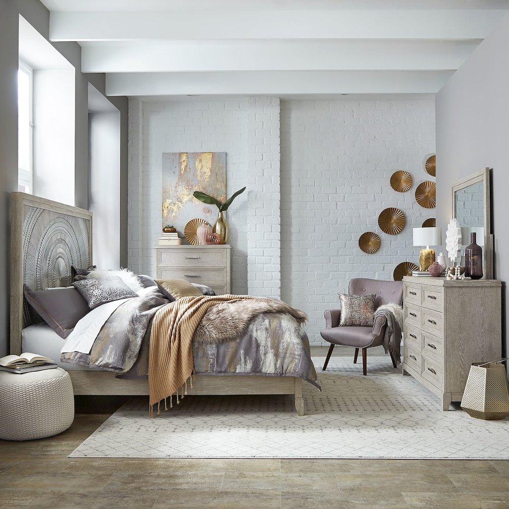 California King Panel Bed, Dresser & Mirror, Chest - Taupe & Silver Champagne