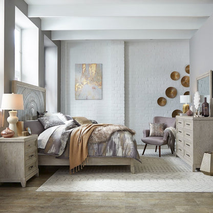 Belmar California King Panel Bed, Dresser & Mirror, Night Stand - Taupe & Silver