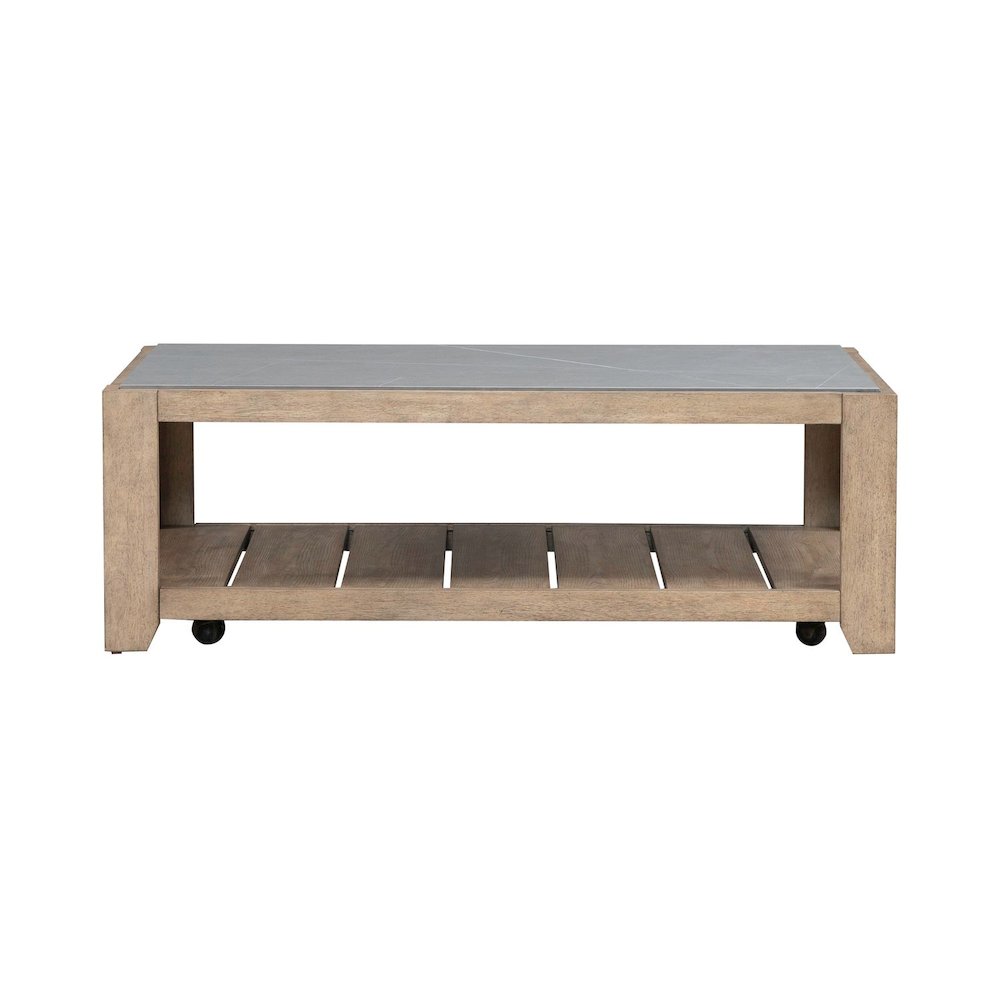 3 Piece Living Room Set, Tile Top Cocktail Table, 2 End Tables - Nutmeg Oak Wood