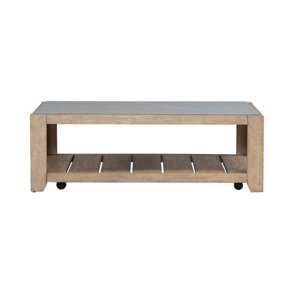 3 Piece Living Room Set, Tile Top Cocktail Table, 2 End Tables - Nutmeg Oak Wood
