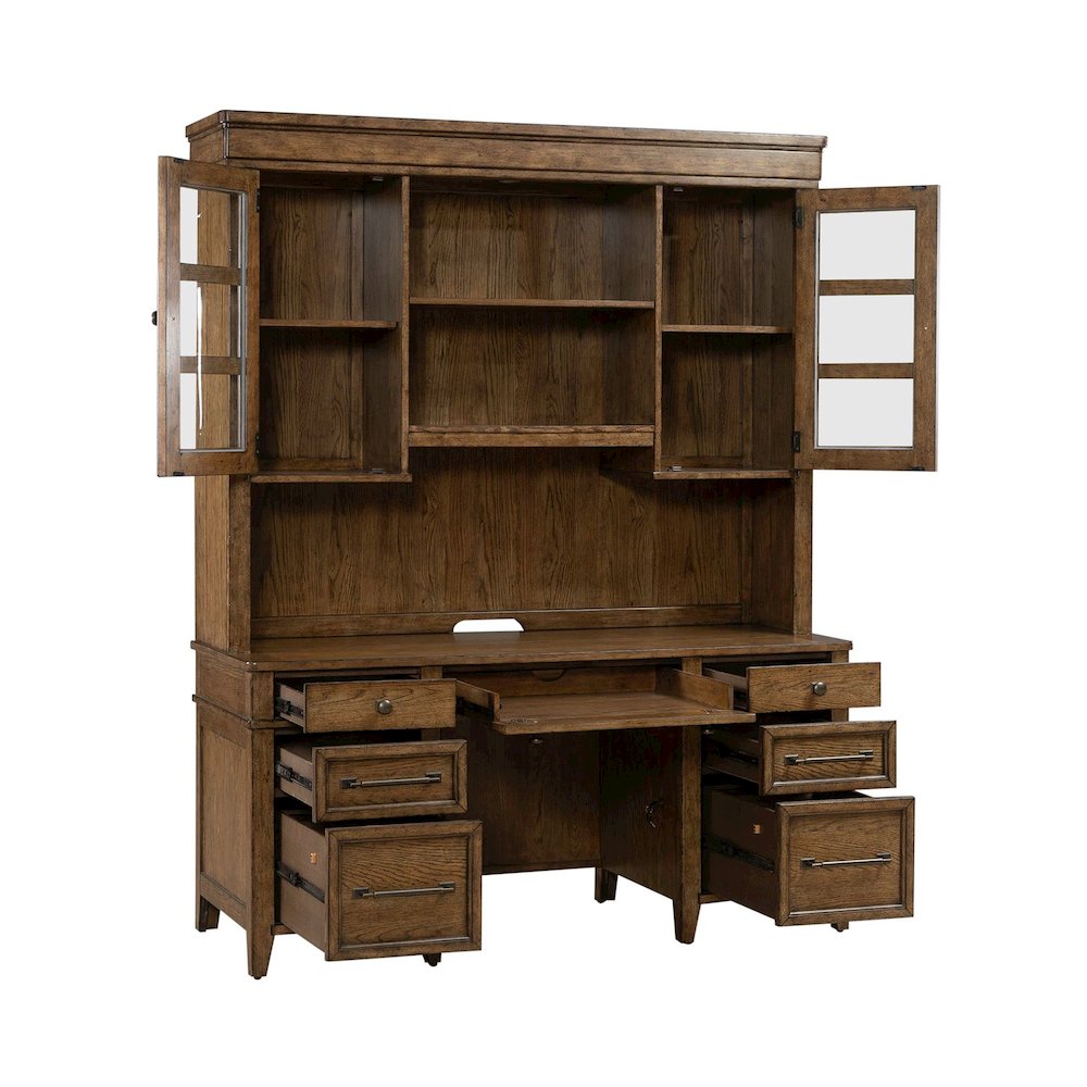 Credenza & Hutch with LED Light, Keyboard Tray - Amber Brown Oak Wood