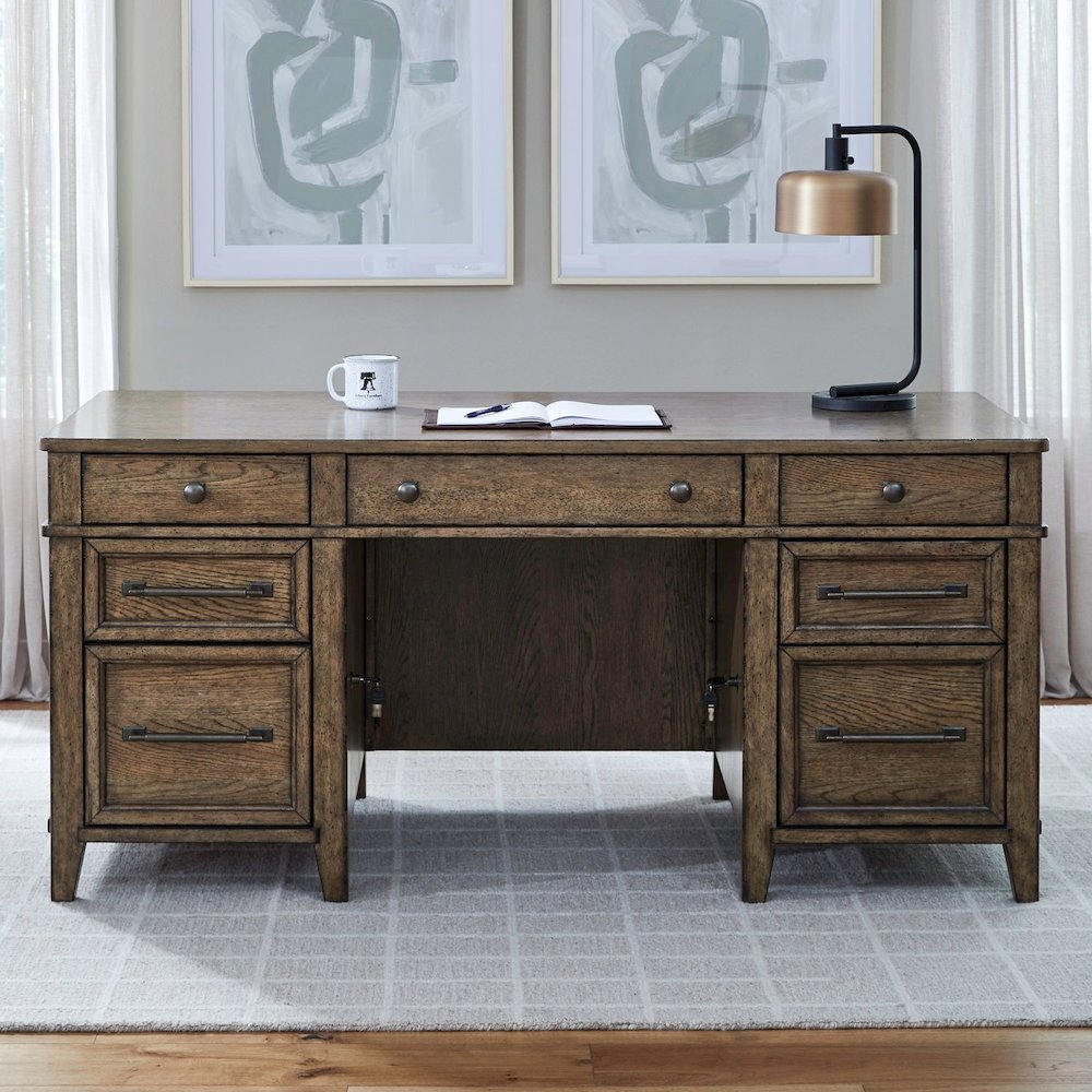 Jr Executive Desk with Keyboard Tray, Locking File Storage- Amber Brown Oak Wood