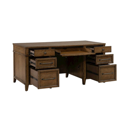 Jr Executive Desk with Keyboard Tray, Locking File Storage- Amber Brown Oak Wood