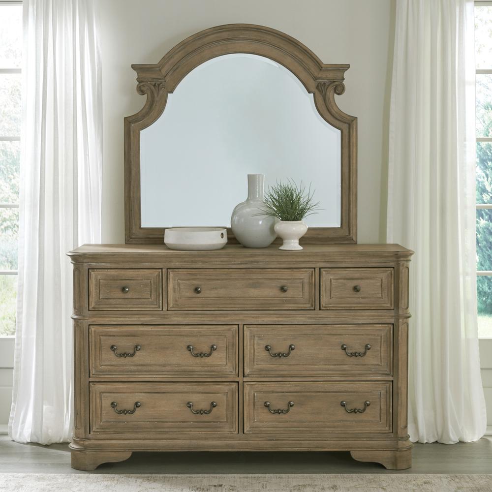 Queen Upholstered Bed, Dresser & Mirror, Night Stand - Weathered Bisque
