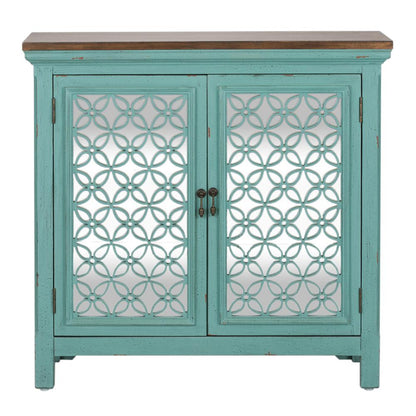Kensington 2 Door Accent Cabinet in Turquoise w/ Worn Wood Tone Top
