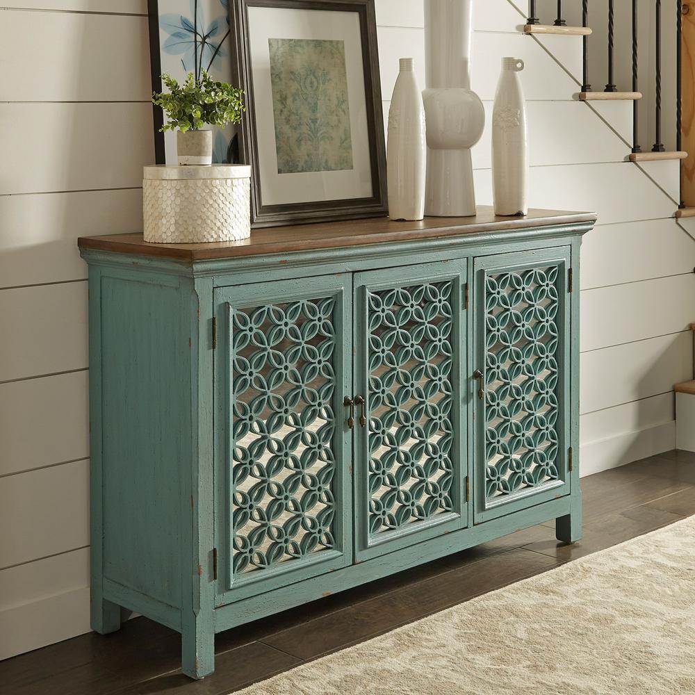 Kensington 3 Door Accent Cabinet in Turquoise w/ Worn Wood Tone Top