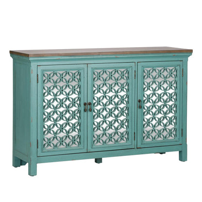 Kensington 3 Door Accent Cabinet in Turquoise w/ Worn Wood Tone Top
