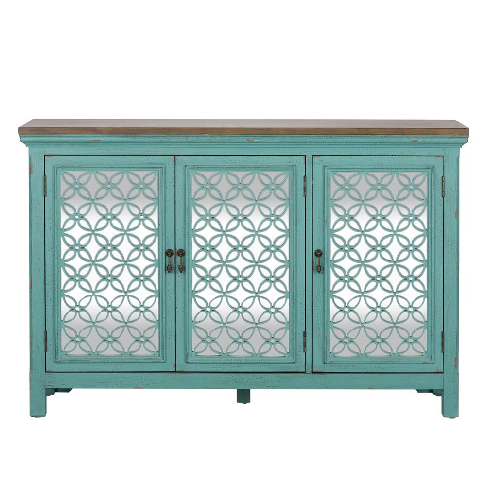 Kensington 3 Door Accent Cabinet in Turquoise w/ Worn Wood Tone Top