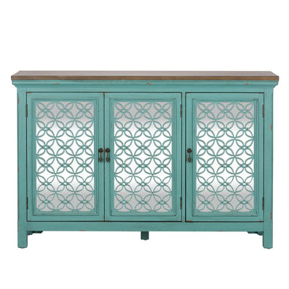 Kensington 3 Door Accent Cabinet in Turquoise w/ Worn Wood Tone Top