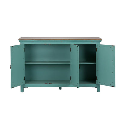 Kensington 3 Door Accent Cabinet in Turquoise w/ Worn Wood Tone Top
