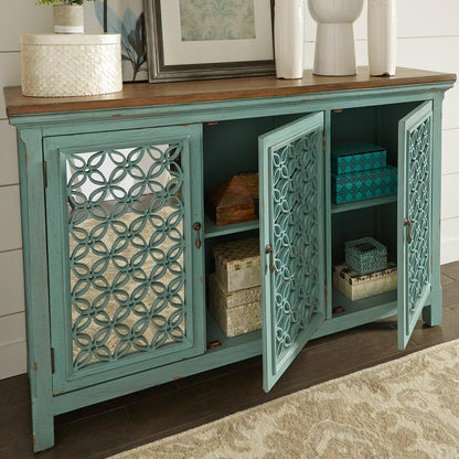 Kensington 3 Door Accent Cabinet in Turquoise w/ Worn Wood Tone Top