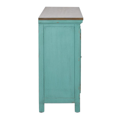 Kensington 4 Door Accent Cabinet in Turquoise w/ Worn Wood Tone Top