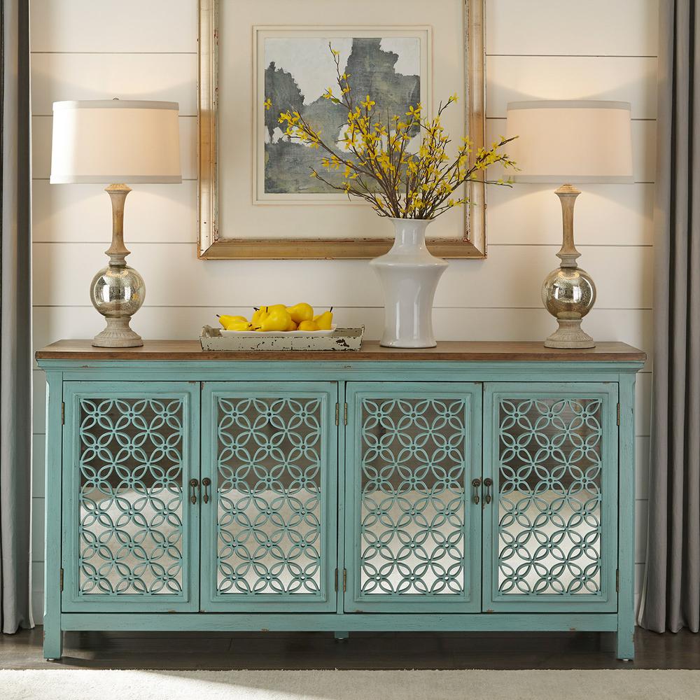 Kensington 4 Door Accent Cabinet in Turquoise w/ Worn Wood Tone Top