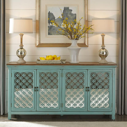Kensington 4 Door Accent Cabinet in Turquoise w/ Worn Wood Tone Top