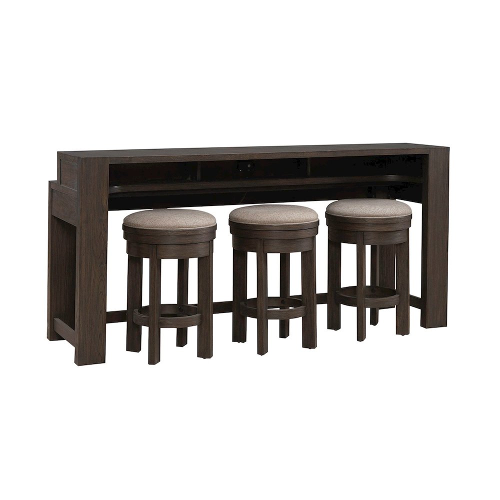 4 Piece Set - Console Bar Table, 3 Swivel Upholstered Stools - Bark