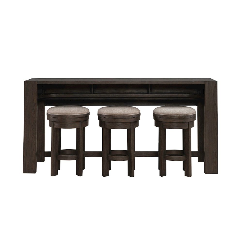 4 Piece Set - Console Bar Table, 3 Swivel Upholstered Stools - Bark