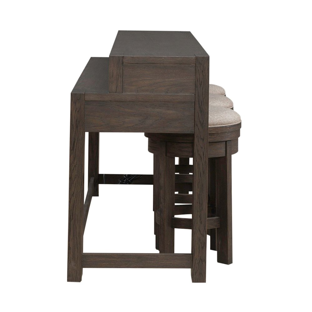 4 Piece Set - Console Bar Table, 3 Swivel Upholstered Stools - Bark