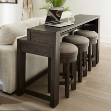 4 Piece Set - Console Bar Table, 3 Swivel Upholstered Stools - Bark