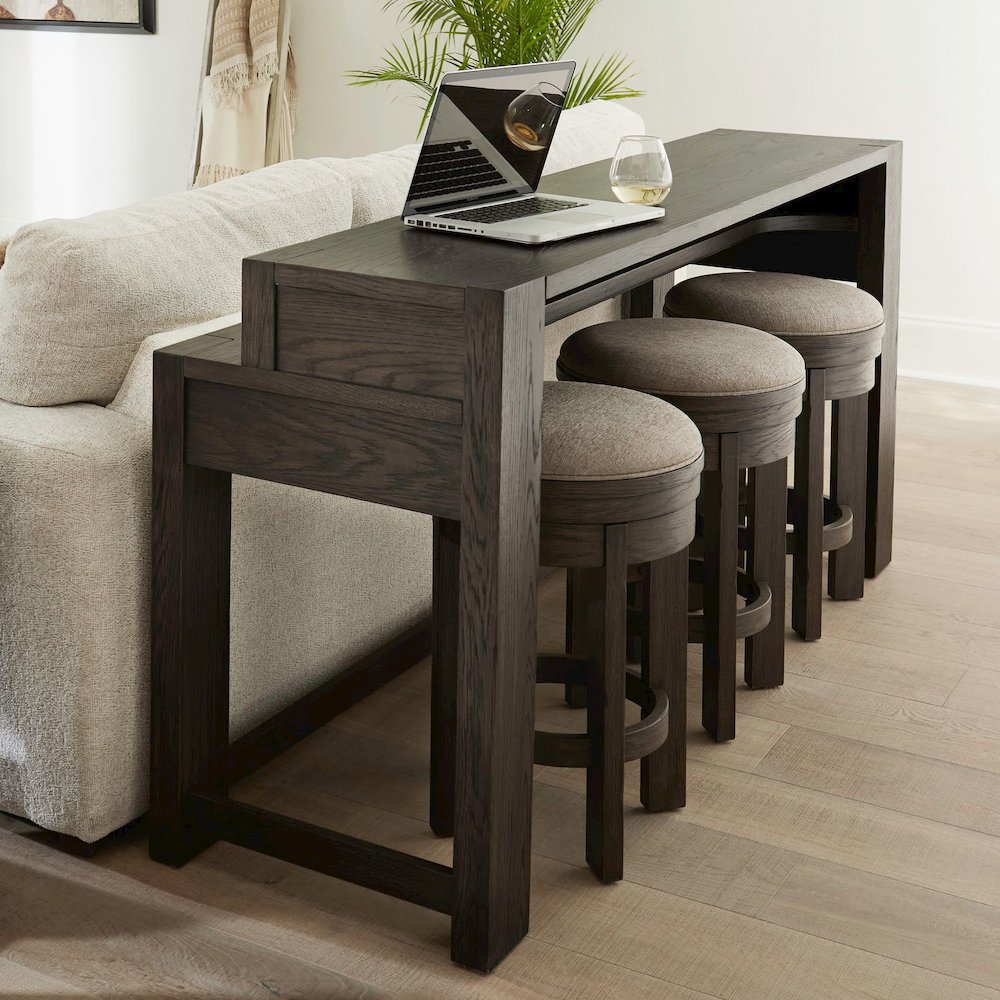 4 Piece Set - Console Bar Table, 3 Swivel Upholstered Stools - Bark