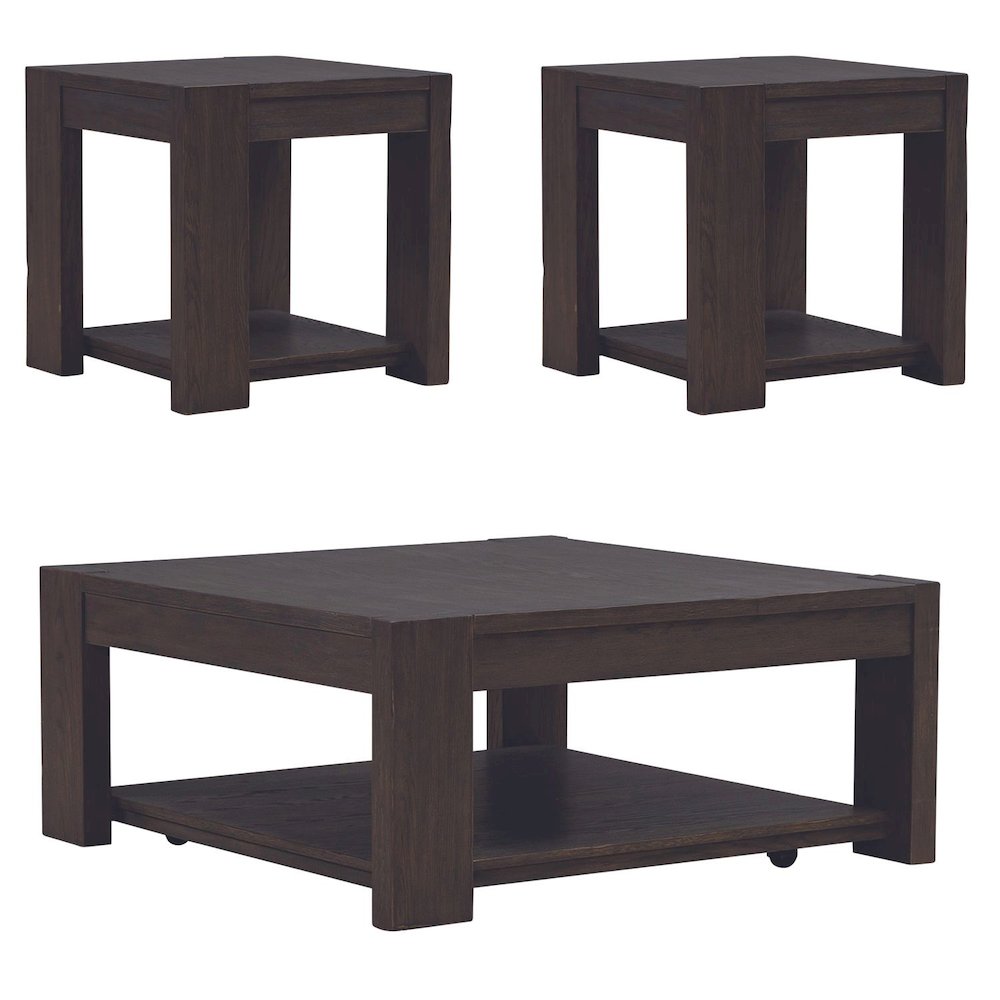 3 Piece Set - Square Cocktail Table, 2 End Tables - Bark