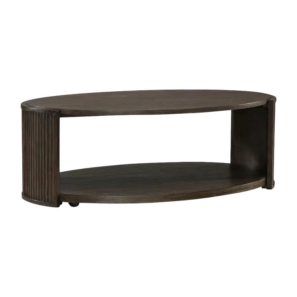 Brown Oval Cocktail Table with Rubberwood Base and Oak Veneer Top