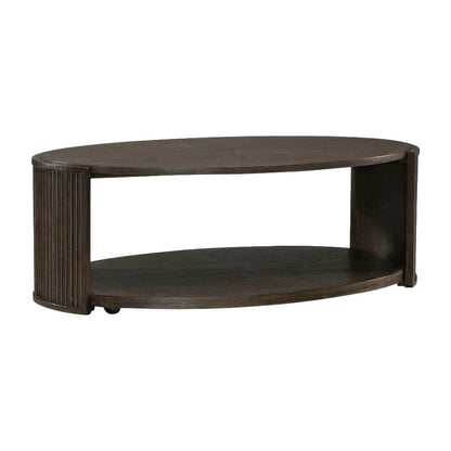 Brown Oval Cocktail Table with Rubberwood Base and Oak Veneer Top