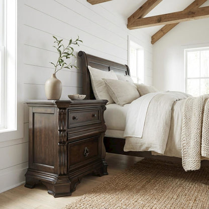Brown Night Stand with European Traditional Design and Metal Accents