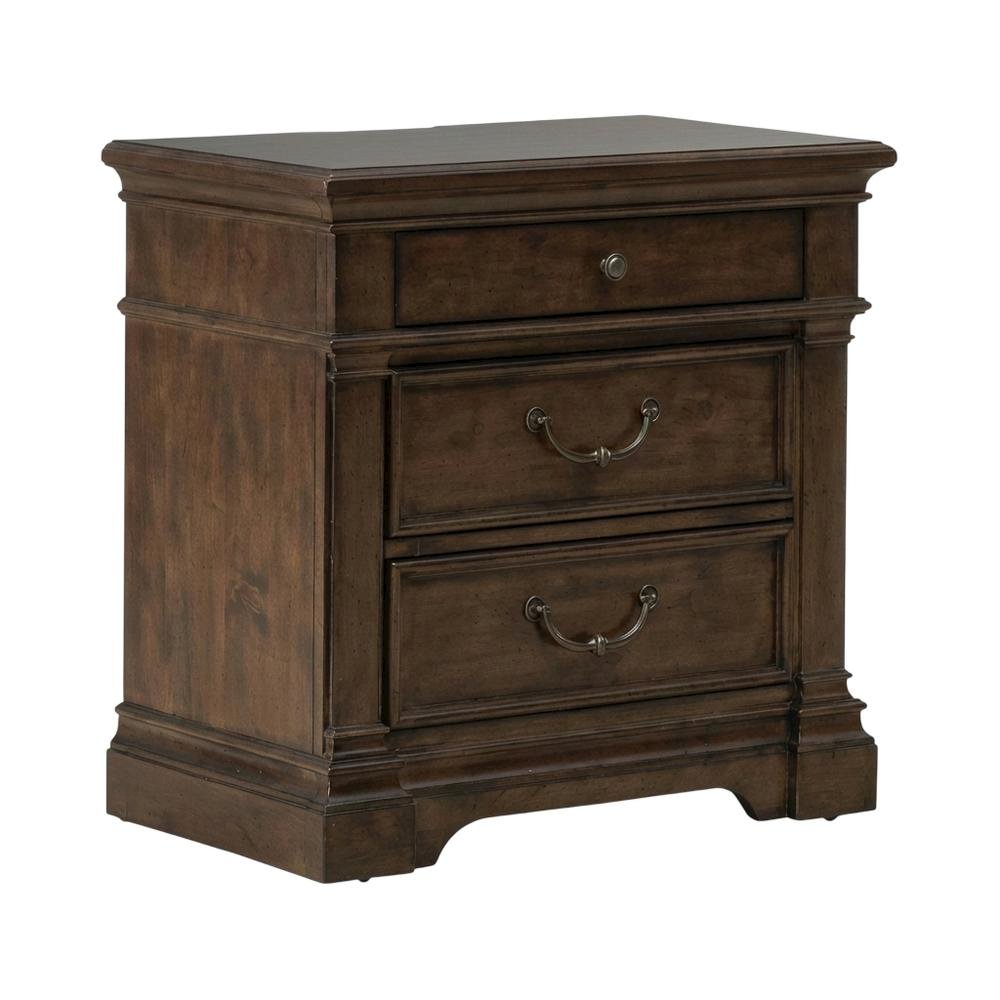 Satin Cherry Nightstand with Charging Station and Traditional Style