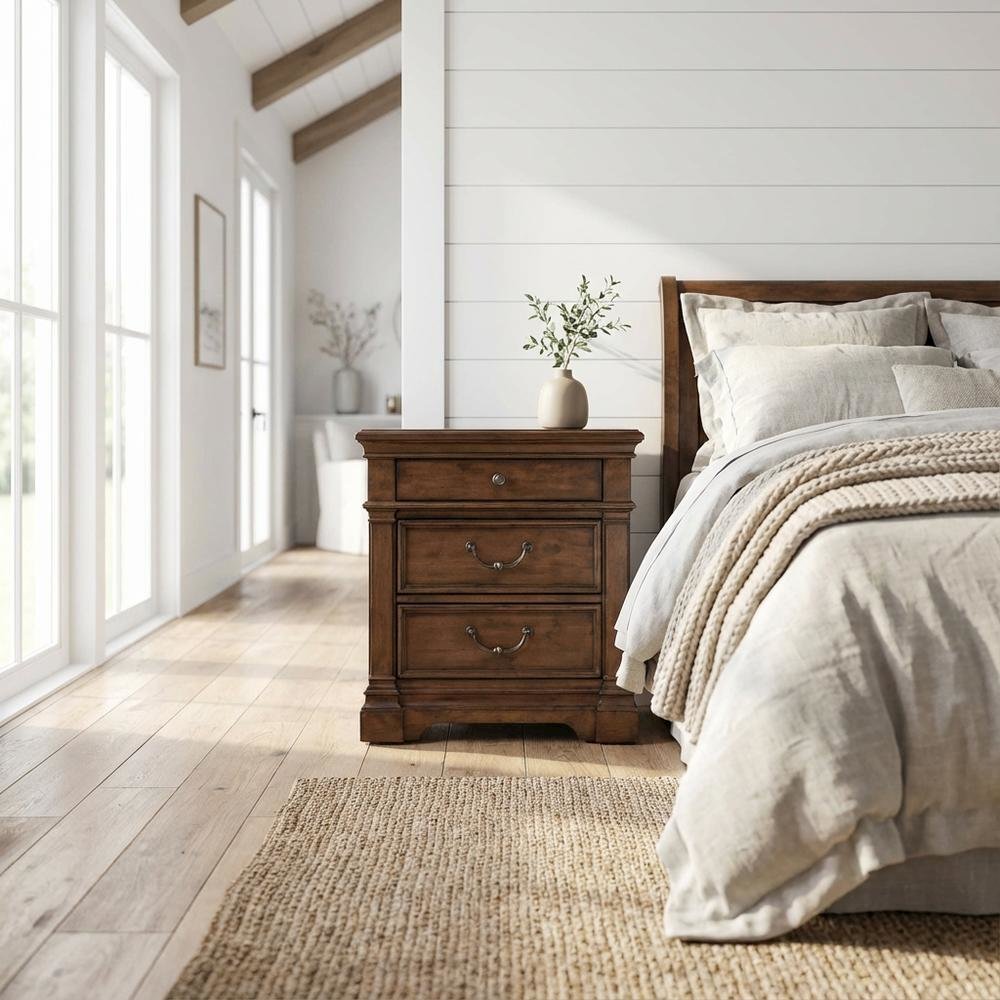 Satin Cherry Nightstand with Charging Station and Traditional Style