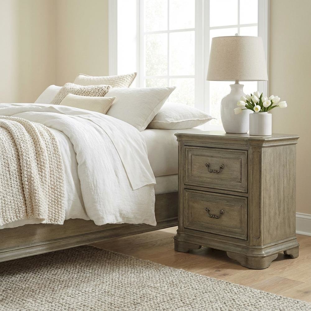 Weathered Bisque Nightstand with 2 Drawers and Traditional Design