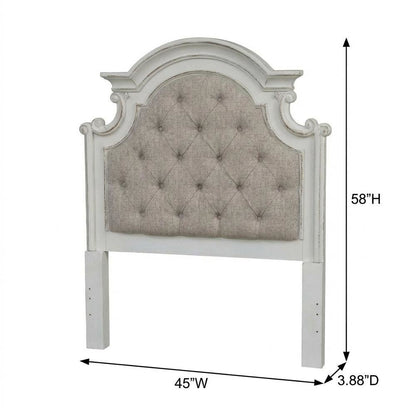 Antique White Upholstered Panel Headboard with Weathered Bark Wood Accents