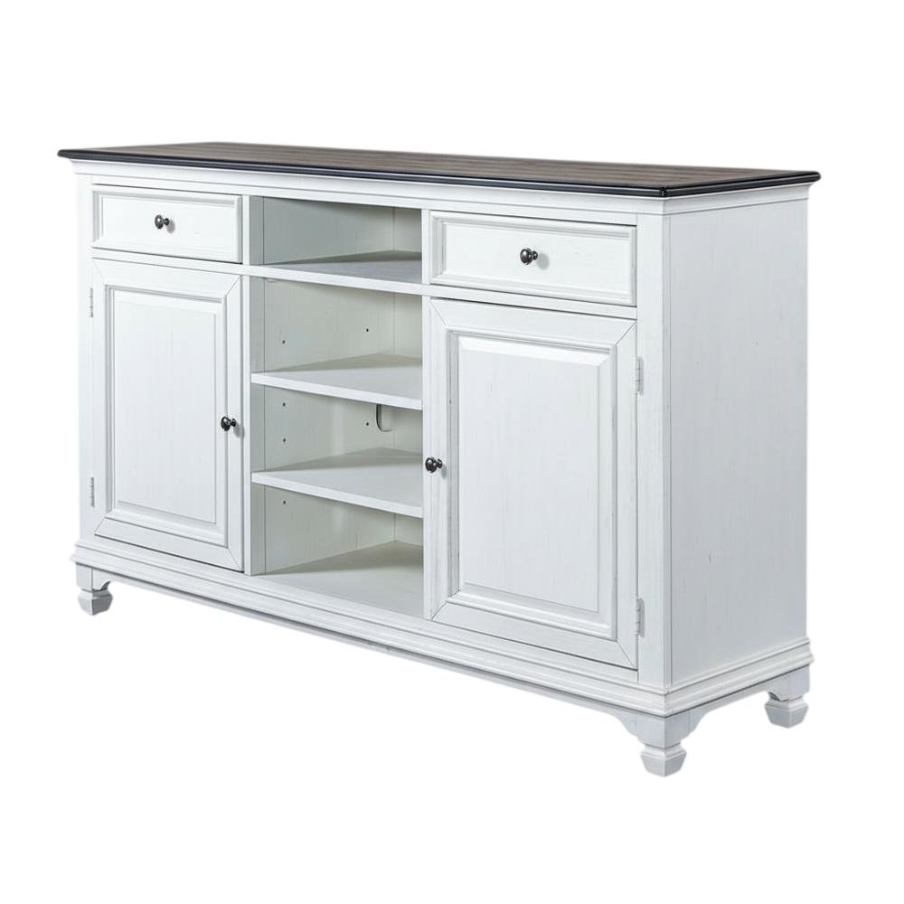 White Wirebrushed Highboy TV Console with Charcoal Top in Cottage Style