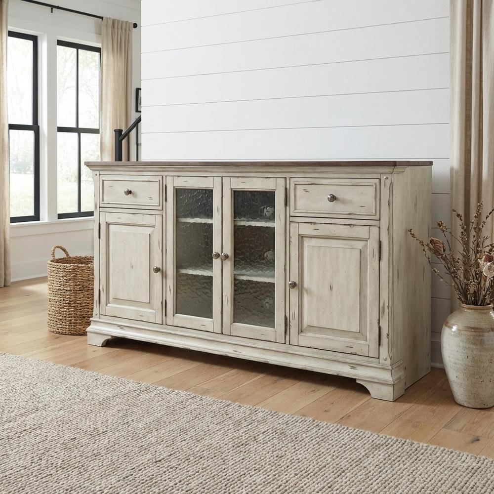 Antique White TV Stand, Wirebrushed Tobacco Accents, Traditional Style