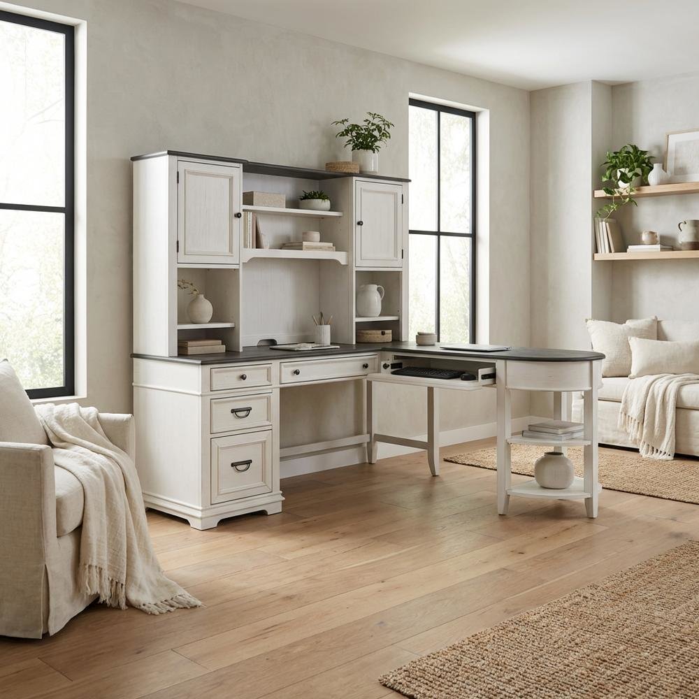 L Shaped Desk Set In White With Charcoal Top For Modern Office Spaces