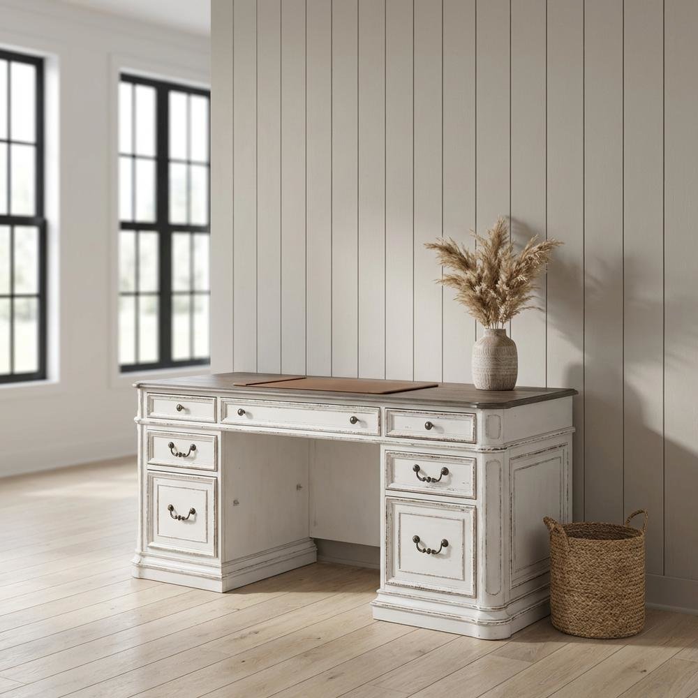 Antique White 5-Piece Desk Set with Solid Wood Construction, Traditional Style