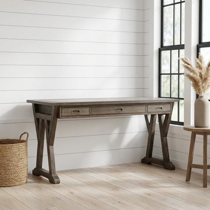 Rustic Saddle 3-Piece Computer Desk Set - Transitional Design, Solid Wood