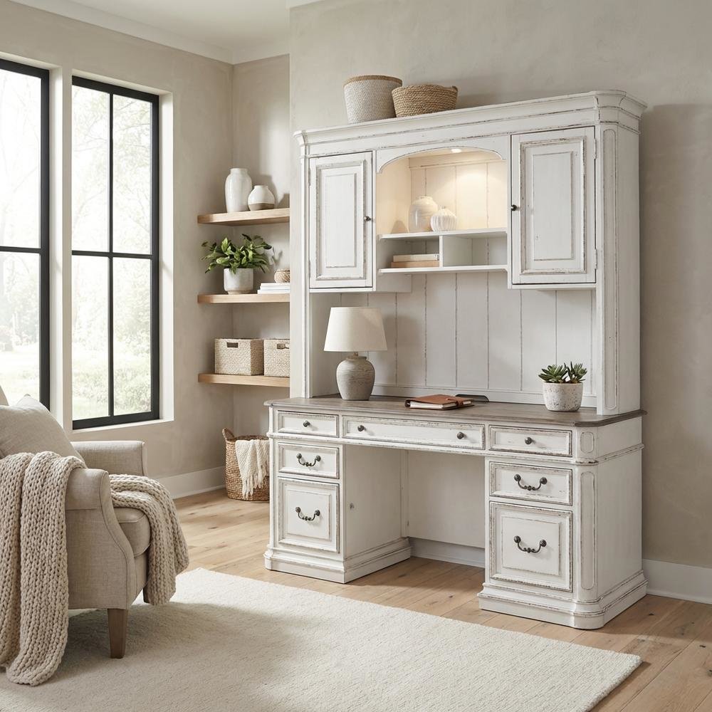 Antique White 5-Piece Desk Set with Solid Wood Construction, Traditional Style