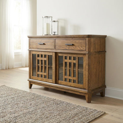 Rubberwood Solid Wood Mission-Style Buffet Cabinet with Drawers and Tray, Brown