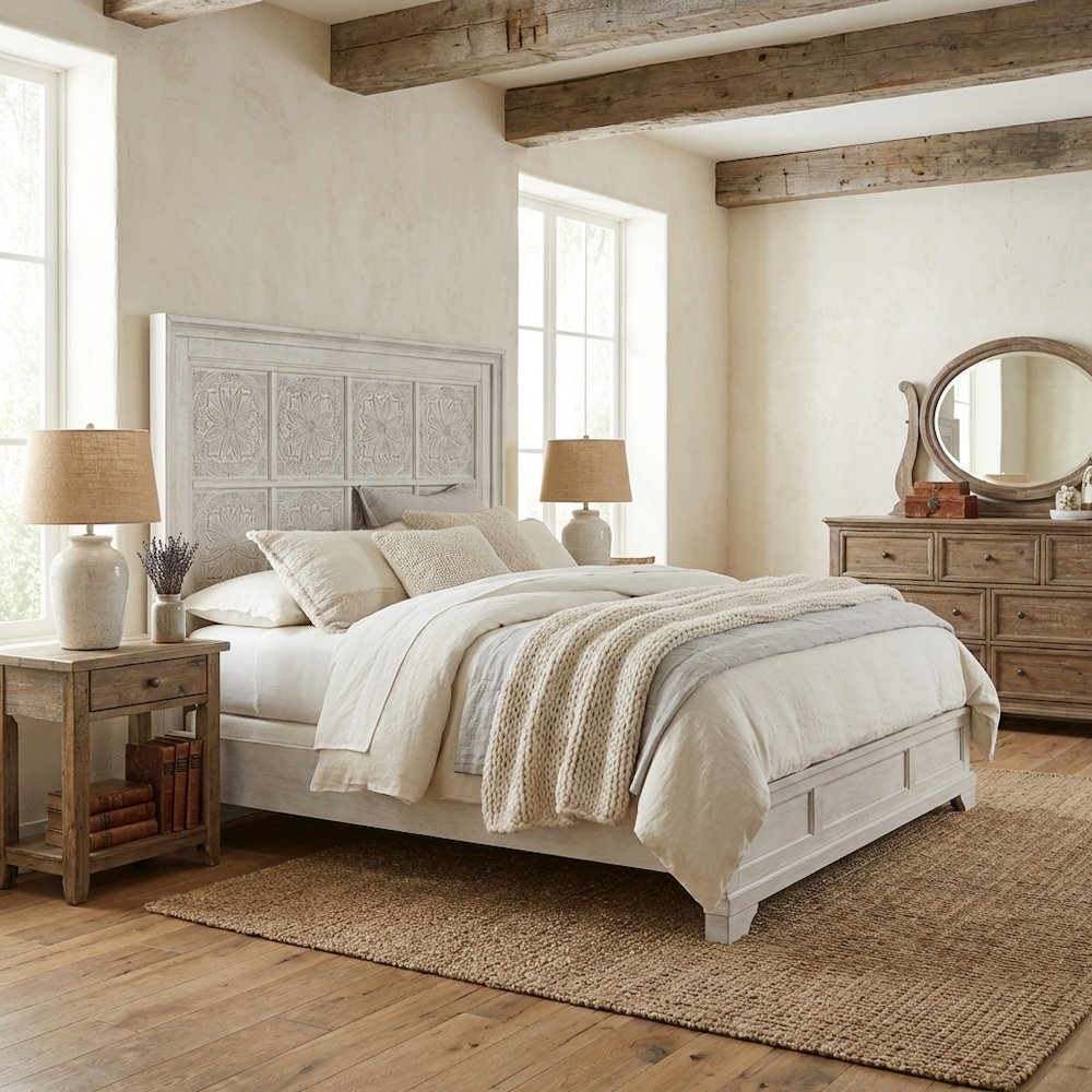 King Headboard Antique White with Tobacco Top Solid Wood Panel Design