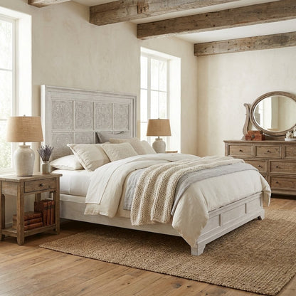 King Headboard Antique White with Tobacco Top Solid Wood Panel Design