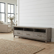 Driftwood gray TV console, contemporary style, wood construction, 76" W