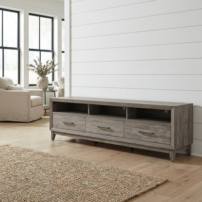Driftwood gray TV console, contemporary style, wood construction, 76" W