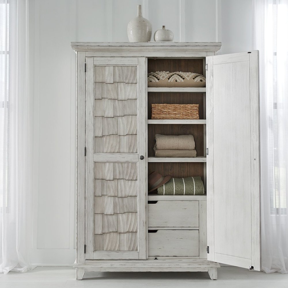 River Place Bedroom Armoire Cottage Shingle Accents - Riverstone White & Tobacco